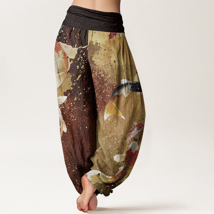 Buddha Stones Casual Koi Fish Gold Ink Background Pattern Women's Elastic Waist Harem Pants