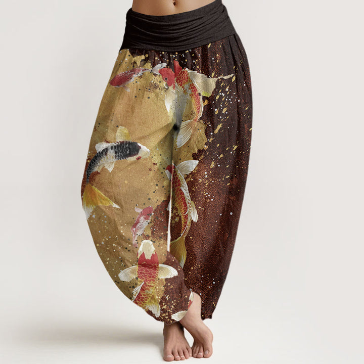 Buddha Stones Casual Koi Fish Gold Ink Background Pattern Women's Elastic Waist Harem Pants