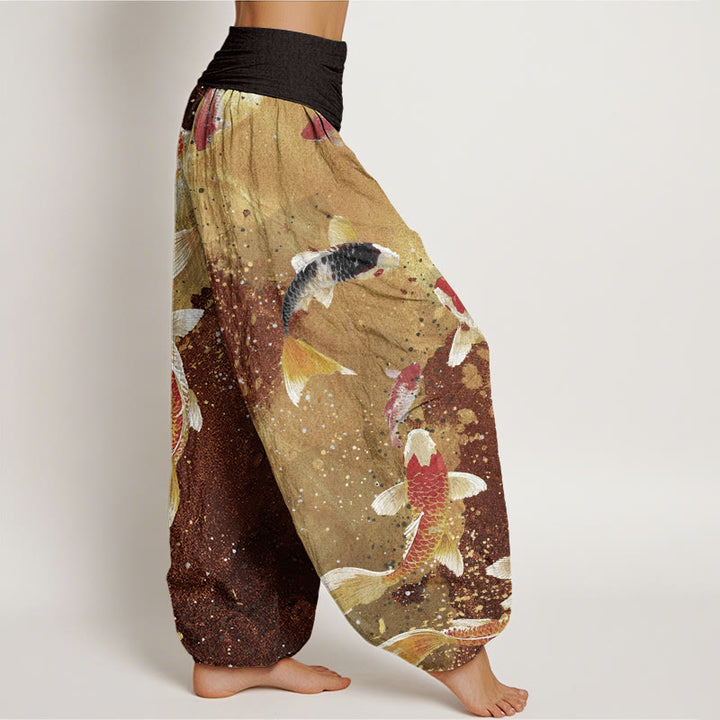 Buddha Stones Casual Koi Fish Gold Ink Background Pattern Women's Elastic Waist Harem Pants
