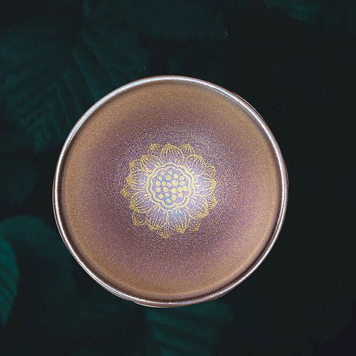 Buddha Stones Handmade Chinese Jianzhan Golden Lotus Flower Ceramic Teacup Kung Fu Tea Cup 150ml