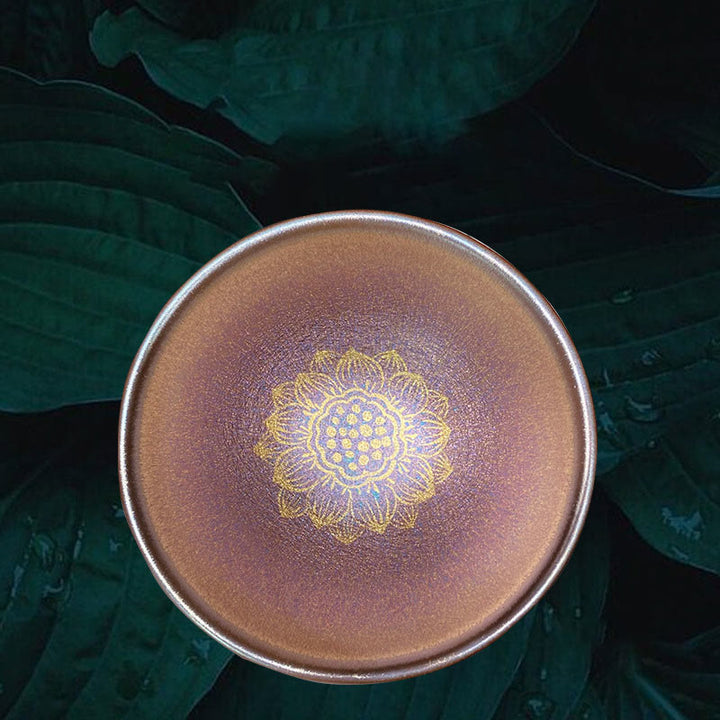 Buddha Stones Handmade Chinese Jianzhan Golden Lotus Flower Ceramic Teacup Kung Fu Tea Cup 150ml