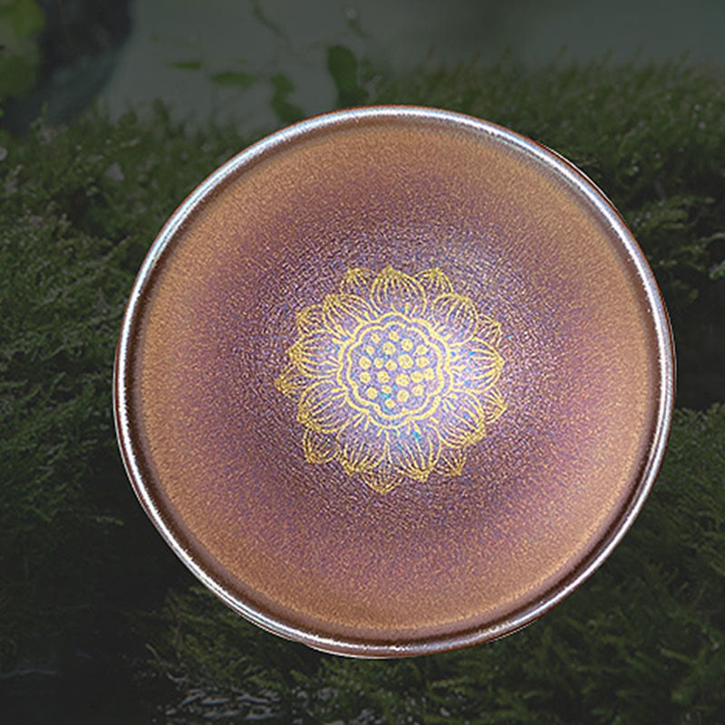 Buddha Stones Handmade Chinese Jianzhan Golden Lotus Flower Ceramic Teacup Kung Fu Tea Cup 150ml