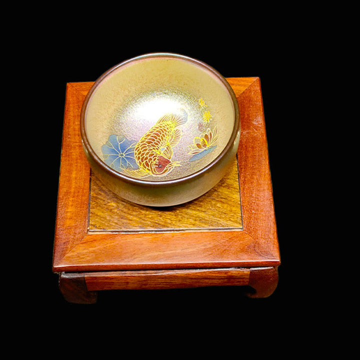 Buddha Stones Handmade Chinese Jianzhan Koi Fish Lotus Leaf Ceramic Teacup Kung Fu Tea Cup 150ml