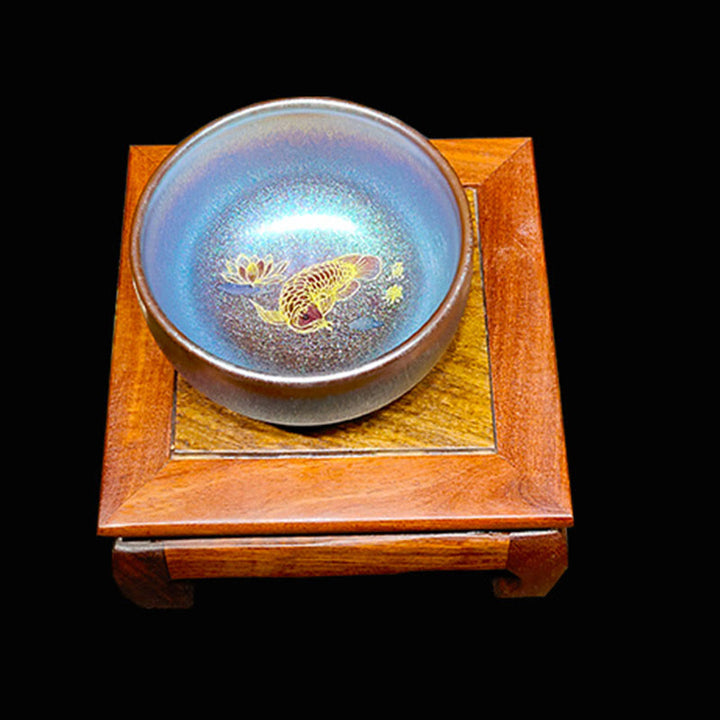 Buddha Stones Handmade Chinese Jianzhan Koi Fish Lotus Leaf Ceramic Teacup Kung Fu Tea Cup 150ml