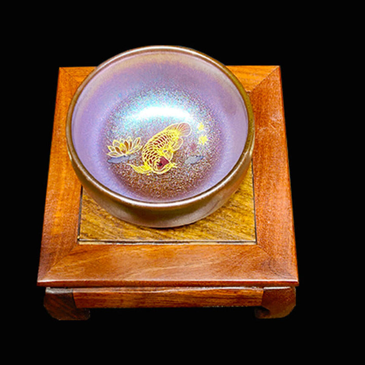 Buddha Stones Handmade Chinese Jianzhan Koi Fish Lotus Leaf Ceramic Teacup Kung Fu Tea Cup 150ml