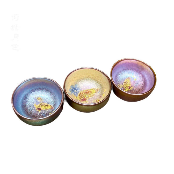 Buddha Stones Handmade Chinese Jianzhan Koi Fish Lotus Leaf Ceramic Teacup Kung Fu Tea Cup 150ml