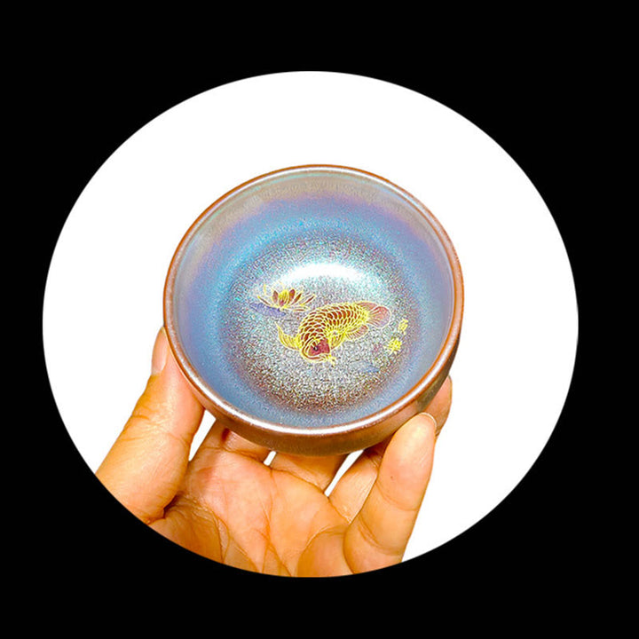 Buddha Stones Handmade Chinese Jianzhan Koi Fish Lotus Leaf Ceramic Teacup Kung Fu Tea Cup 150ml