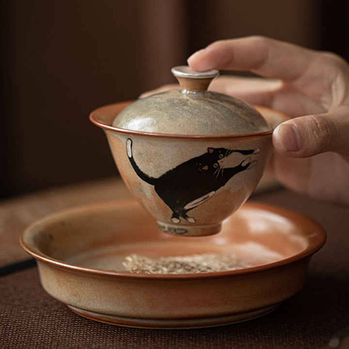 Buddha Stones Cute Cat Ceramic Gaiwan Teacup Kung Fu Tea Cup With Lid 130ml