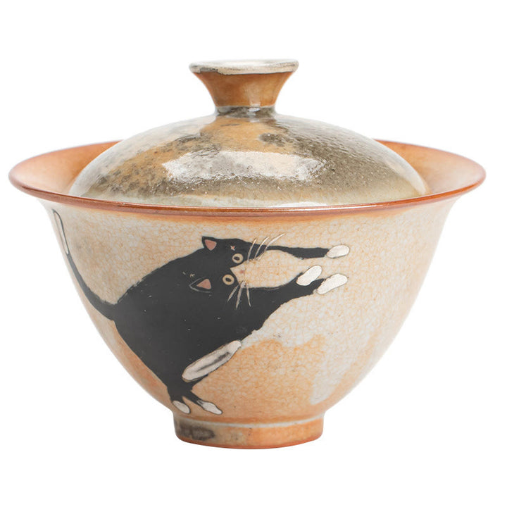 Buddha Stones Cute Cat Ceramic Gaiwan Teacup Kung Fu Tea Cup With Lid 130ml