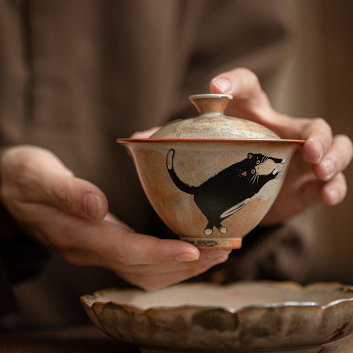 Buddha Stones Cute Cat Ceramic Gaiwan Teacup Kung Fu Tea Cup With Lid 130ml