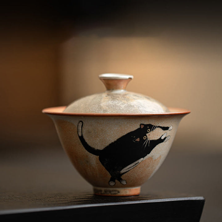 Buddha Stones Cute Cat Ceramic Gaiwan Teacup Kung Fu Tea Cup With Lid 130ml