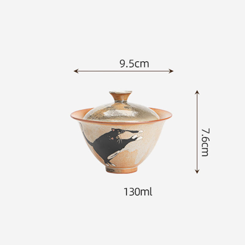 Buddha Stones Cute Cat Ceramic Gaiwan Teacup Kung Fu Tea Cup With Lid 130ml