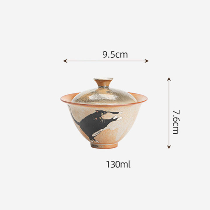 Buddha Stones Cute Cat Ceramic Gaiwan Teacup Kung Fu Tea Cup With Lid 130ml