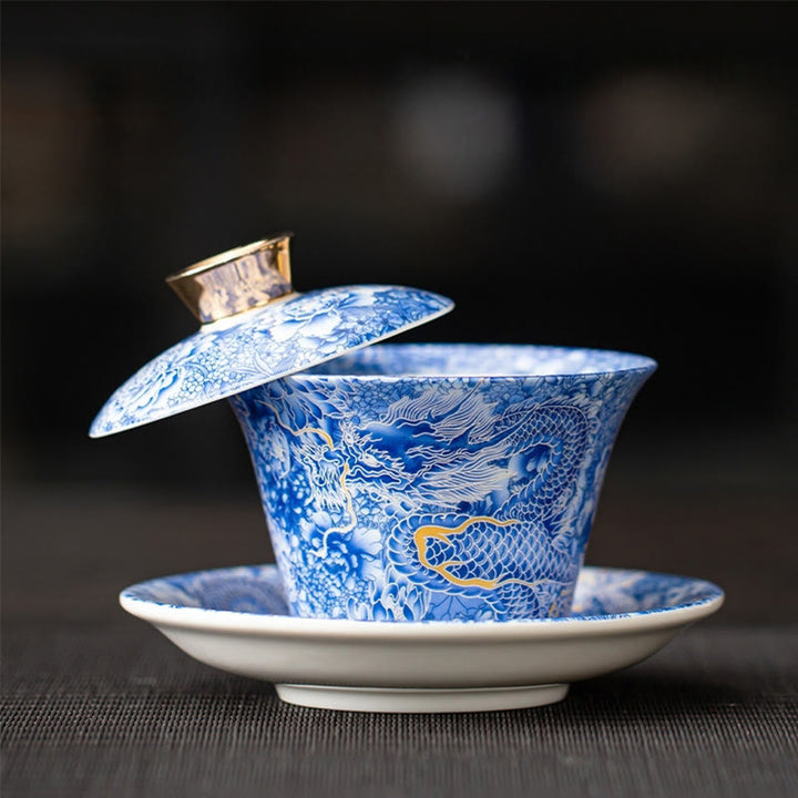 Buddha Stones Thangka Dragon Buddhas Dunhuang Ceramic Gaiwan Sancai Kung Fu Tea Cup And Saucer With Lid Gift Box 180ml