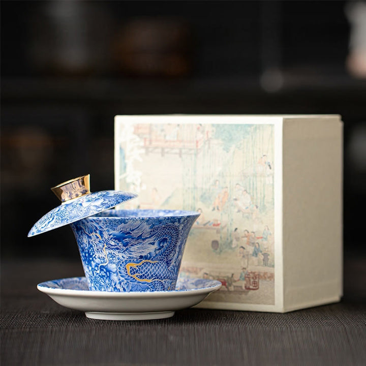 Buddha Stones Thangka Dragon Buddhas Dunhuang Ceramic Gaiwan Sancai Kung Fu Tea Cup And Saucer With Lid Gift Box 180ml