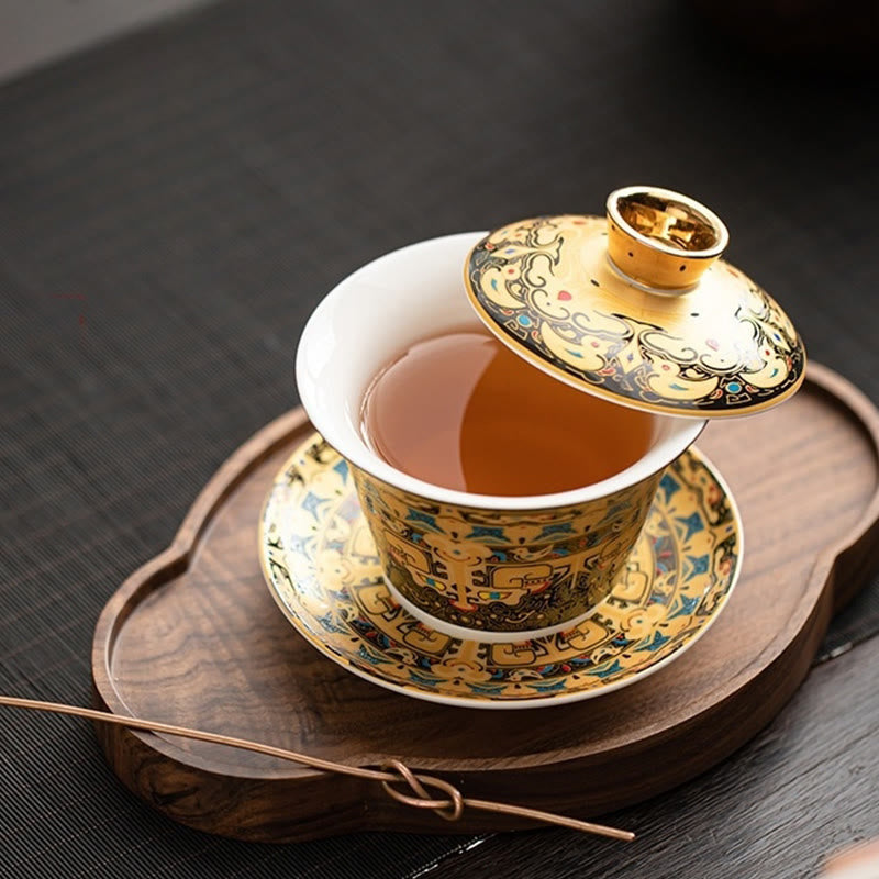 Buddha Stones Thangka Dragon Buddhas Dunhuang Ceramic Gaiwan Sancai Kung Fu Tea Cup And Saucer With Lid Gift Box 180ml