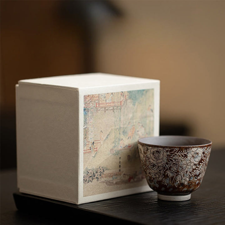 Buddha Stones Brown Flowers In Full Bloom Teacup Kung Fu Tea Cup 100ml With Gift Box