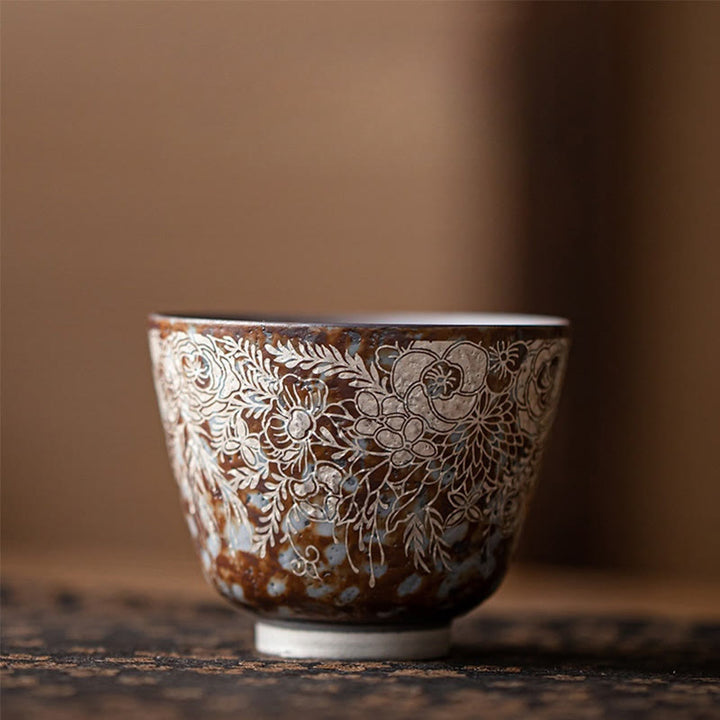 Buddha Stones Brown Flowers In Full Bloom Teacup Kung Fu Tea Cup 100ml With Gift Box