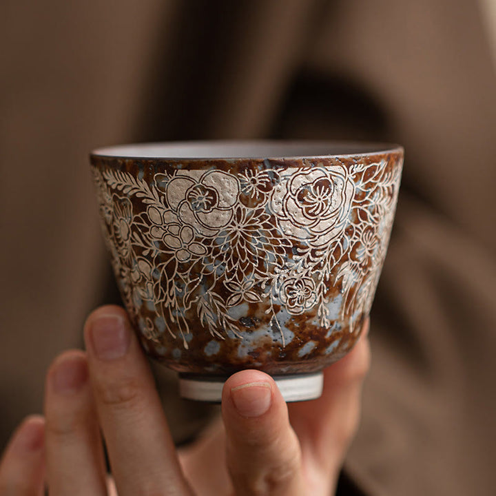 Buddha Stones Brown Flowers In Full Bloom Teacup Kung Fu Tea Cup 100ml With Gift Box
