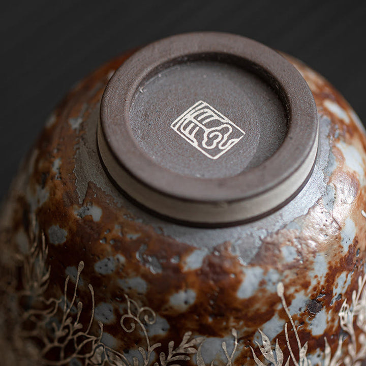 Buddha Stones Brown Flowers In Full Bloom Teacup Kung Fu Tea Cup 100ml With Gift Box