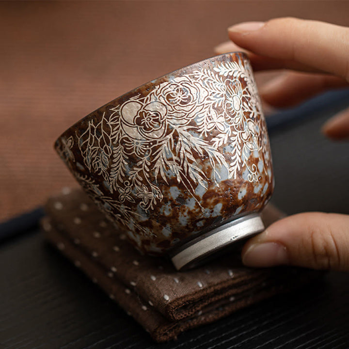 Buddha Stones Brown Flowers In Full Bloom Teacup Kung Fu Tea Cup 100ml With Gift Box