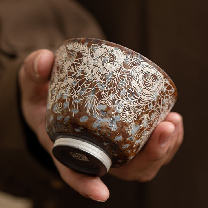 Buddha Stones Brown Flowers In Full Bloom Teacup Kung Fu Tea Cup 100ml With Gift Box