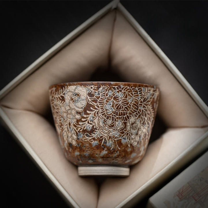 Buddha Stones Brown Flowers In Full Bloom Teacup Kung Fu Tea Cup 100ml With Gift Box