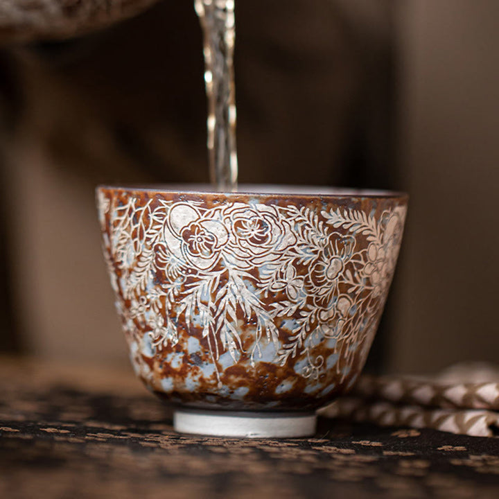 Buddha Stones Brown Flowers In Full Bloom Teacup Kung Fu Tea Cup 100ml With Gift Box