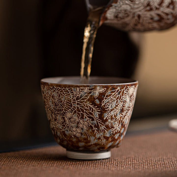Buddha Stones Brown Flowers In Full Bloom Teacup Kung Fu Tea Cup 100ml With Gift Box