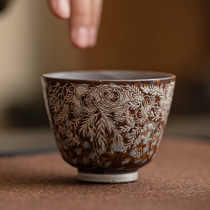 Buddha Stones Brown Flowers In Full Bloom Teacup Kung Fu Tea Cup 100ml With Gift Box