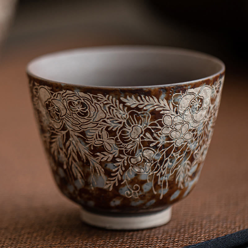 Buddha Stones Brown Flowers In Full Bloom Teacup Kung Fu Tea Cup 100ml With Gift Box