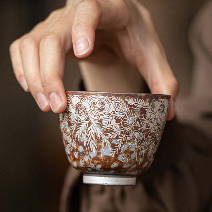 Buddha Stones Brown Flowers In Full Bloom Teacup Kung Fu Tea Cup 100ml With Gift Box