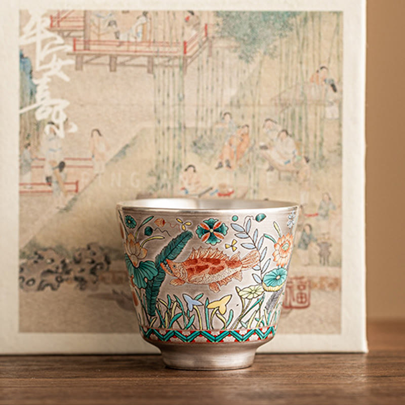 Buddha Stones Fish Lotus Seaweed Teacup Kung Fu Tea Cup 45ml With Gift Box