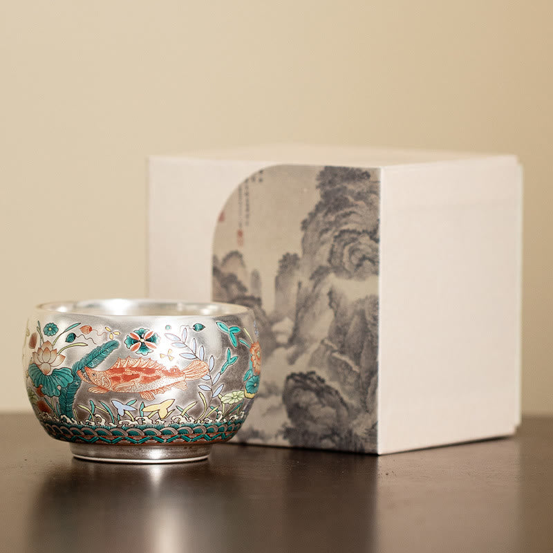 Buddha Stones Fish Lotus Seaweed Valley Mountains Pine Tree Dragon Teacup Kung Fu Tea Cup With Gift Box