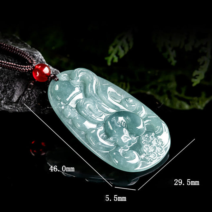 Buddha Stones Natural Green Jade Nine Tailed Fox Flowers Luck Necklace Pendant