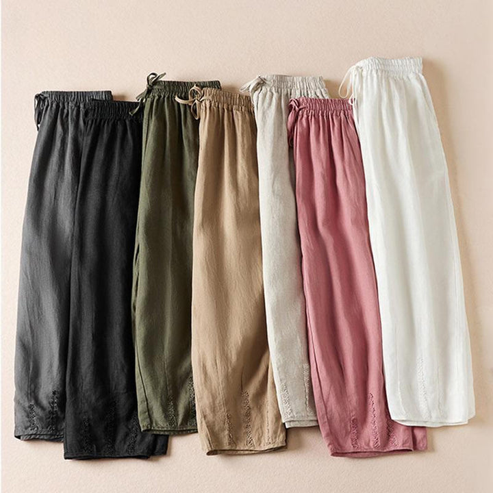 Buddha Stones Summer Small Flower Embroidery Cotton Linen Harem Pants With Pockets