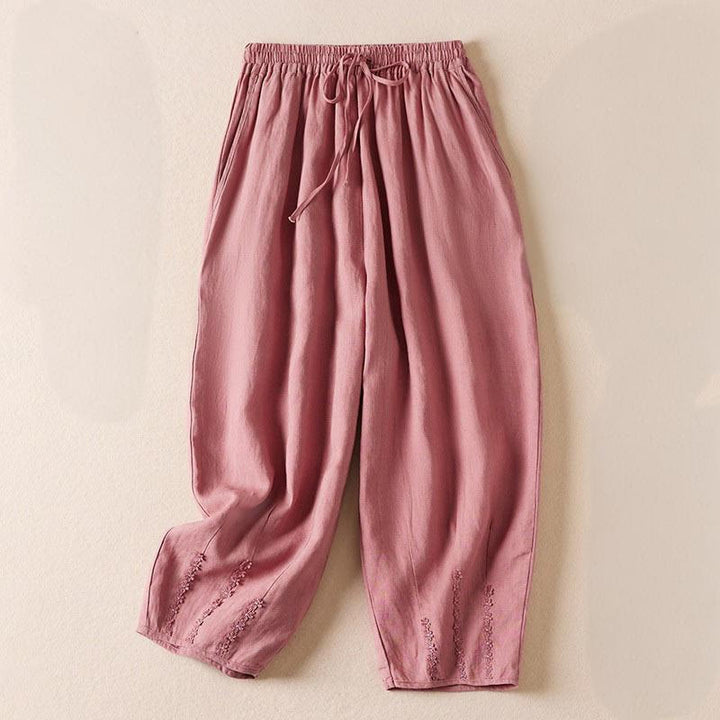 Buddha Stones Summer Small Flower Embroidery Cotton Linen Harem Pants With Pockets