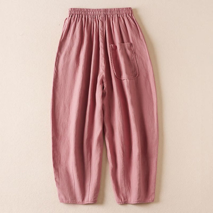Buddha Stones Summer Small Flower Embroidery Cotton Linen Harem Pants With Pockets