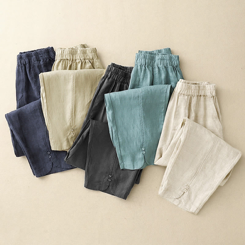 Buddha Stones Summer Solid Color Side Button Design Cotton Linen Women's Harem Pants With Pockets - image 23