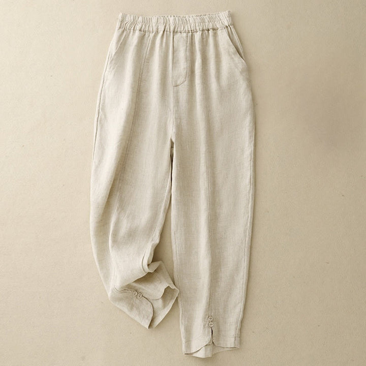 Buddha Stones Summer Solid Color Side Button Design Cotton Linen Women's Harem Pants With Pockets - Beige - US8-10，UK/AU12-14，EU40-42 (2XL) - image 4