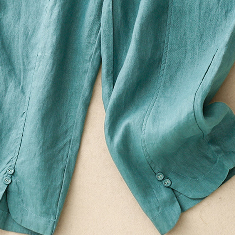 Buddha Stones Summer Solid Color Side Button Design Cotton Linen Women's Harem Pants With Pockets - image 19