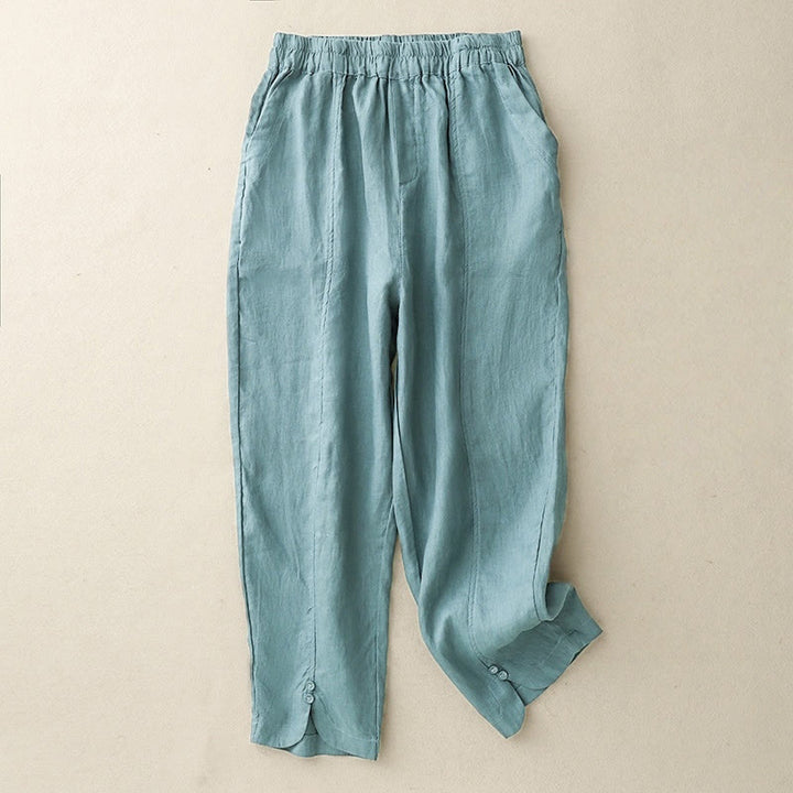 Buddha Stones Summer Solid Color Side Button Design Cotton Linen Women's Harem Pants With Pockets - LightSeaGreen - US8-10，UK/AU12-14，EU40-42 (2XL) - image 15