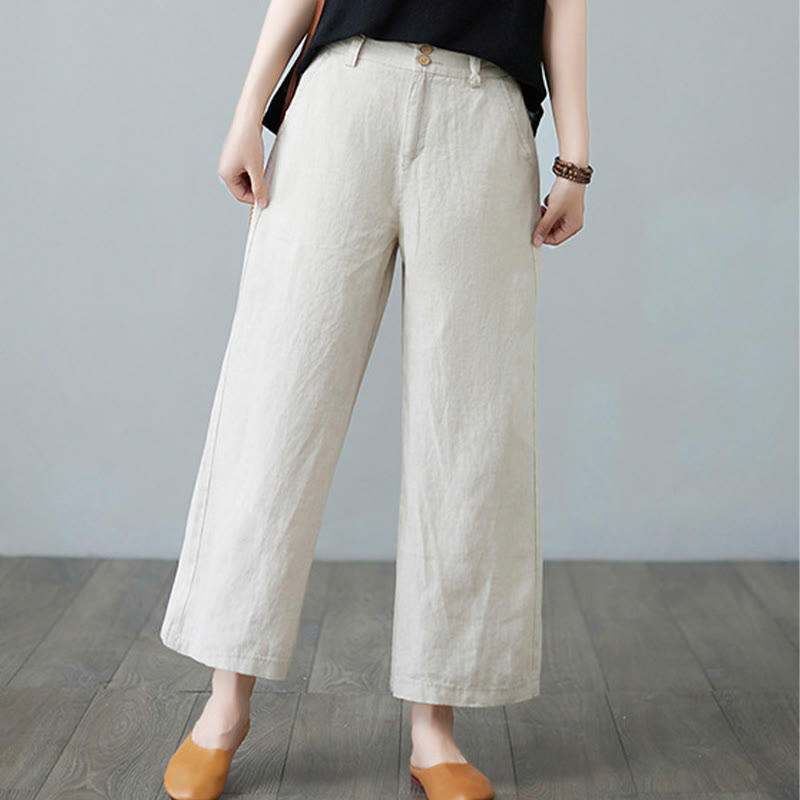 Buddha Stones Daily Solid Color Patchwork Simple Design Cotton Linen Women's Pants With Pockets - image 1