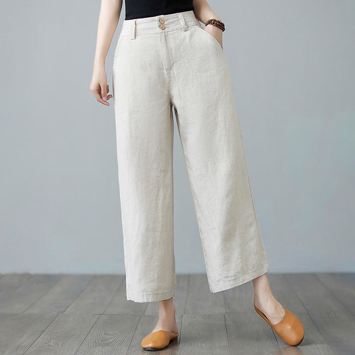 Buddha Stones Daily Solid Color Patchwork Simple Design Cotton Linen Women's Pants With Pockets - Beige - US8-10，UK/AU12-14，EU40-42 (2XL) - image 0