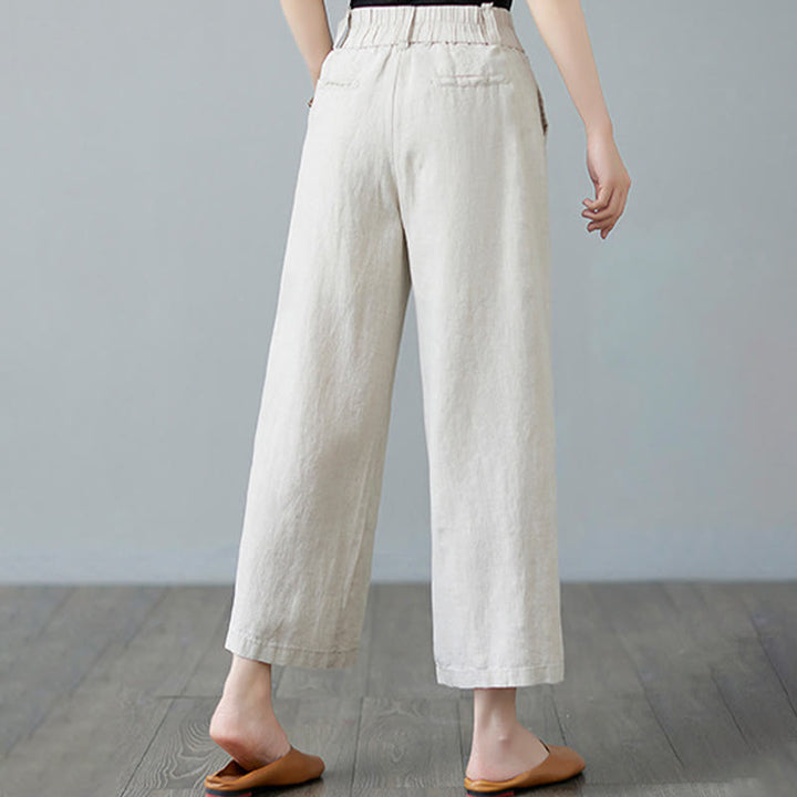 Buddha Stones Daily Solid Color Patchwork Simple Design Cotton Linen Women's Pants With Pockets - image 6