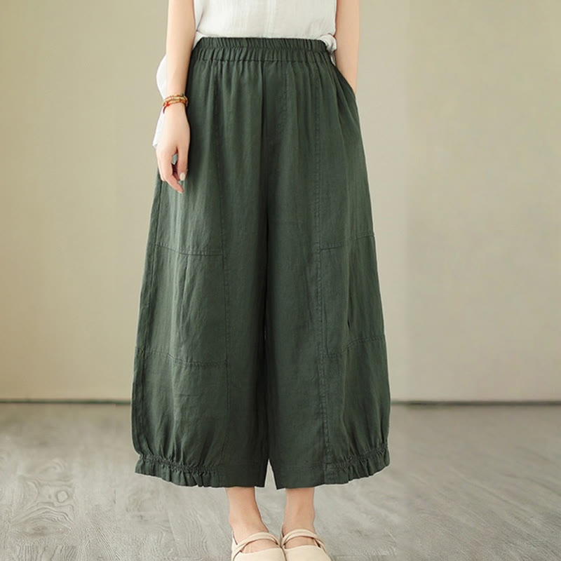 Buddha Stones Vintage Casual Pleated Design Cotton Women's Wide Leg Cropped Pants With Pockets - image 4
