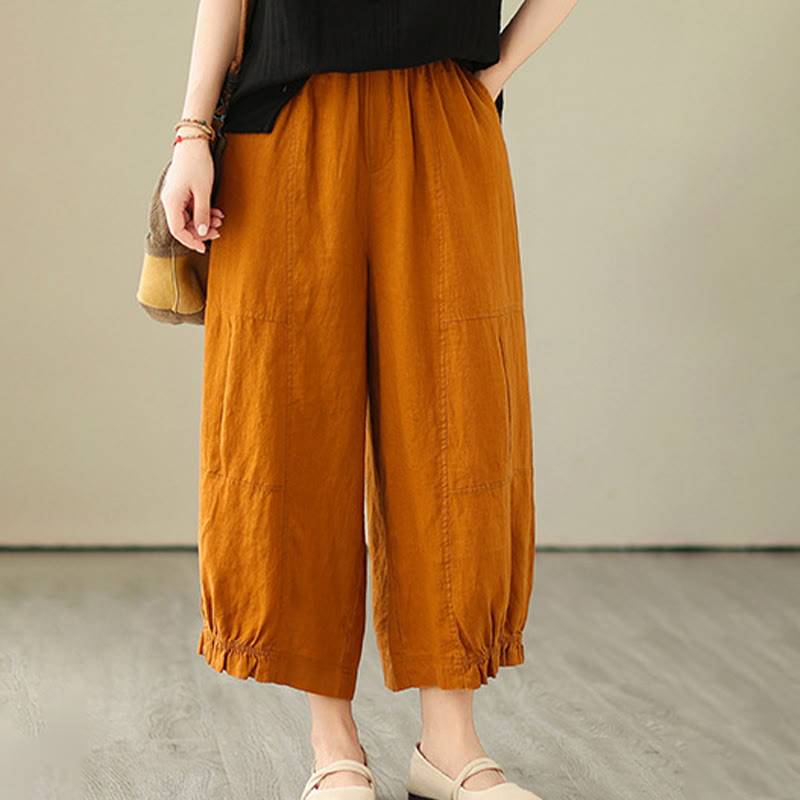 Buddha Stones Vintage Casual Pleated Design Cotton Women's Wide Leg Cropped Pants With Pockets - image 11