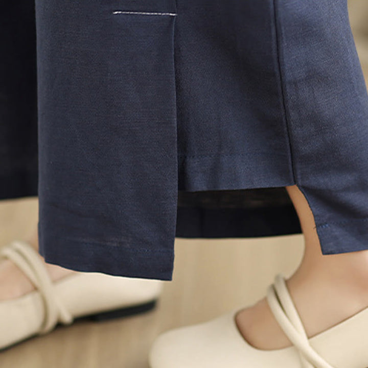 Buddha Stones Spring Casual Navy Simple Line Design Cotton Linen Women's Wide Leg Pants With Pockets - image 8