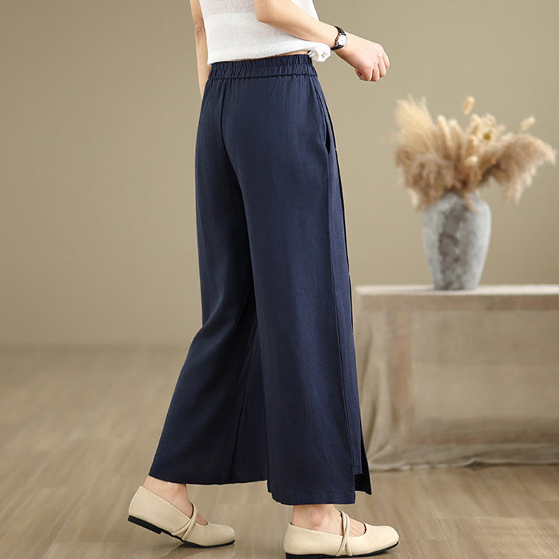 Buddha Stones Spring Casual Navy Simple Line Design Cotton Linen Women's Wide Leg Pants With Pockets - image 5