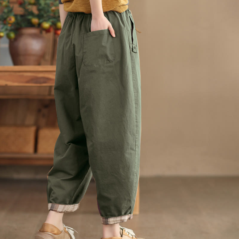 Buddha Stones Casual Plain Patched Cuff Design Women's Cotton Harem Cropped Pants With Pockets - image 14